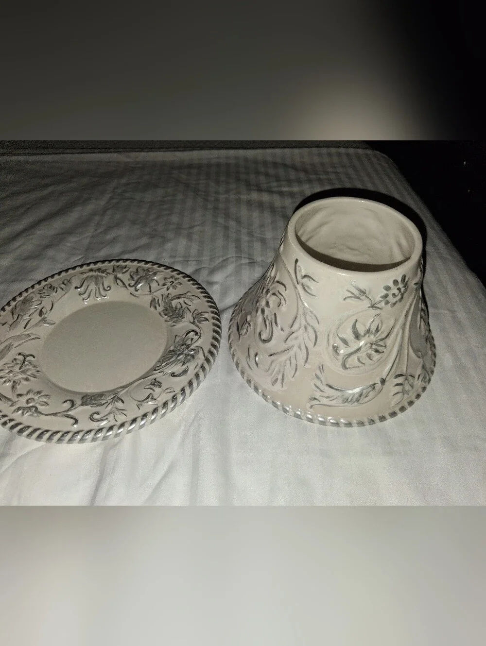 Yankee Candle Tassle Rope Candle Shade And Plate - Cream Floral White - Picture 1 of 8